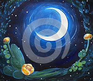 Traditional illustration. Crescent moon shining at night, stars, yellow water-lilies (Nuphar lutea)