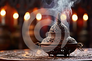 Traditional incense burner with smoke on decorative table