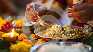 Traditional indian cuisine being served during a festive occasion. authentic meal decoration. cultural dining experience
