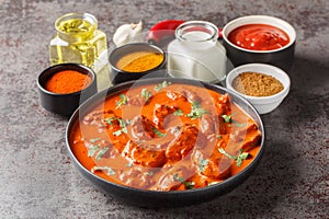 Traditional Indian dish Chicken tikka masala with spicy curry meat in bowl closeup. Horizontal
