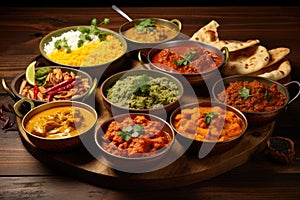 Traditional Indian dishes on the wooden table, selection of assorted spicy food