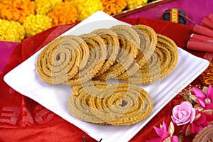 Traditional Indian Diwali snacks Chakali, murukku, Indian Traditional Tea Time Snack Chakli, Murukku, Muruku, Murkoo, Chakri,