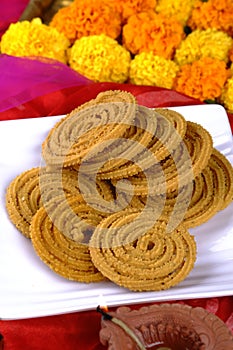 Traditional Indian Diwali snacks Chakali, murukku, Indian Traditional Tea Time Snack Chakli, Murukku, Muruku, Murkoo, Chakri,