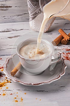 Traditional Indian masala tea. Spicy tea with aromatic spices and milk