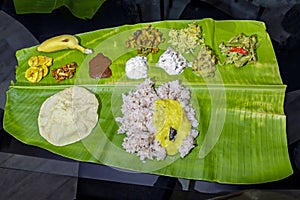 Traditional Indian meal on banana leaf