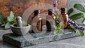 traditional indian medicine concept depicted with ayurvedic medicine bottles, herbs, and mortar and pestle