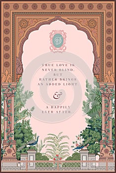 Traditional Indian Mughal arch style wedding invitation card design.