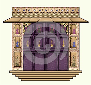 Traditional Indian Mughal gate with stairs vector illustration.