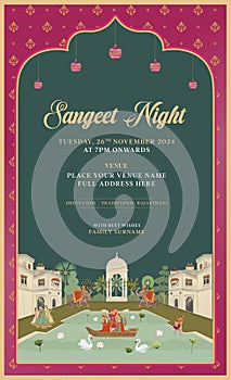 Traditional Indian Mughal-style sangeet night invitation card design for printing.