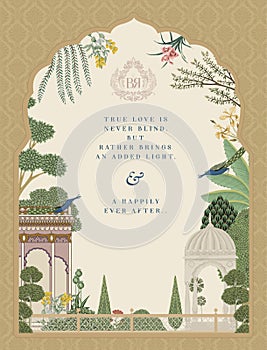 Traditional Indian Mughal Wedding Card Design. Invitation card for printing vector illustration.