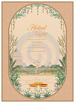 Traditional Indian Mughal Wedding Holud Night Invitation Card Design