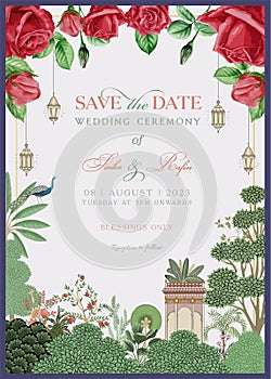 Traditional Indian Mughal wedding invitation card design.