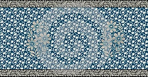 Traditional indian paisley textile floral border on blue background