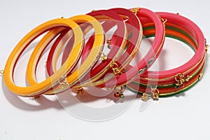Traditional Indian Rajasthani wedding colourful jewellery bangles new design on white background