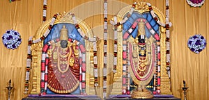 Traditional indian stage decoration with lord venkateshwara and ambal