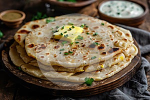 Traditional Indian Stuffed Flatbread with Spiced Potatoes. Indian cuisine