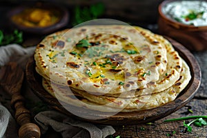 Traditional Indian Stuffed Flatbread with Spiced Potatoes. Indian cuisine