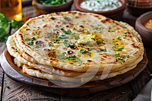 Traditional Indian Stuffed Flatbread with Spiced Potatoes. Indian cuisine
