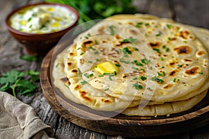 Traditional Indian Stuffed Flatbread with Spiced Potatoes. Indian cuisine