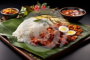 Traditional indian thali with chicken curry and rice
