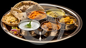 A traditional Indian thali with different types of breads, dals, and dishes in a still life setting