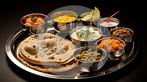A traditional Indian thali with a variety of breads, dals, and dishes in a still life arrangement