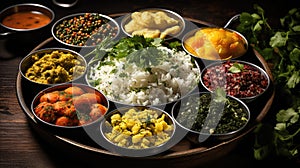 Traditional Indian Thali with Various Vegetarian Dishes.Generative ai