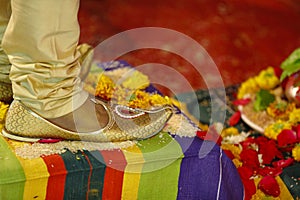 Traditional indian wedding ceremony : Groom wedding shoes or mojadi