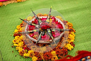 Traditional indian wedding ceremony in Hinduism photography : decoration and flower