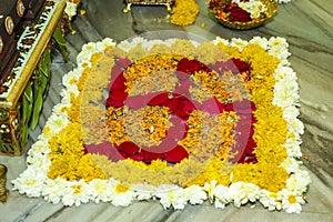 Traditional indian wedding ceremony in Hinduism : Rangoli design for welcome