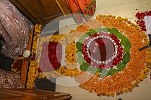 Traditional indian wedding ceremony in Hinduism : Rangoli design for welcome