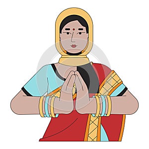 Traditional indian woman namaste 2D linear cartoon character