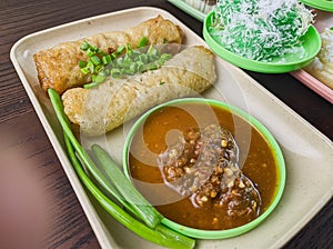 traditional Indonesian snack food. Risoles eaten with green chili sauce