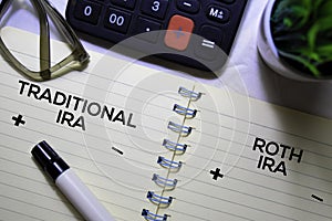 Traditional IRA and Roth IRA text on a book  on office desk.