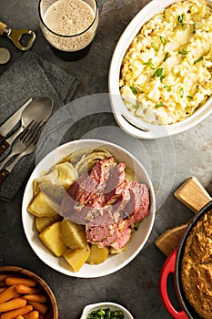 Traditional Irish dinner with corned beef and colcannon