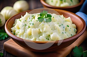 traditional Irish dish, national Irish cuisine, mashed potatoes with cabbage, Colcannon garnished with parsley