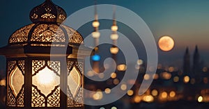 Traditional Islamic lanterns stand against the backdrop of a night city and starry sky with moon. Signifies the coming of Ramadan