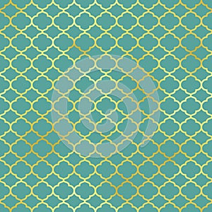 Traditional Islamic seamless pattern. Green and gold Turkish background. Mosque window golden gradient grid mosaic