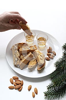Traditional Italian almond cookies and sweet wine.