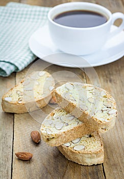 Traditional Italian biscotti with almond and cup of coffee