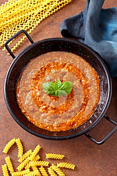 Traditional Italian Bolognese sauce in metal pan