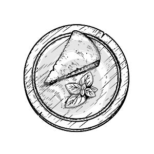 Traditional Italian cheese Parmegiano basil leaves on the round cutting wooden board. Hand drawn sketch style.