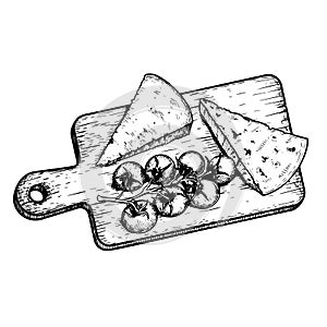 Traditional Italian cheese Parmegiano and Gorgonzola with cherry tomatoes on the cutting wooden board with handle. Hand drawn sket