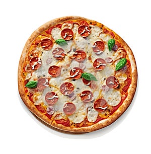 classic Italian Pizza Pepperoni with mozzarella cheese and top view zenital plan Top View photo