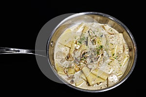 traditional italian creamy wild mushroom pasta with truffle, ceps and porchini, black background