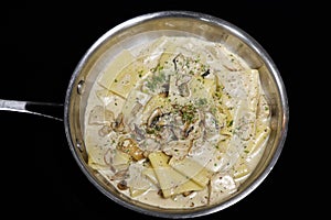 traditional italian creamy wild mushroom pasta with truffle, ceps and porchini, black background