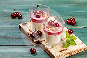 Traditional Italian dessert panna cotta with cherry jelly. Summer yogurt dessert. Food recipe background. Close up