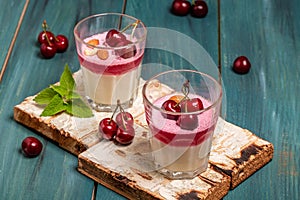 Traditional Italian dessert panna cotta with cherry jelly. Summer yogurt dessert. Food recipe background. Close up