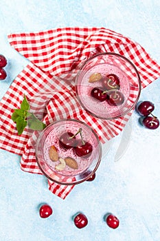 Traditional Italian dessert panna cotta with cherry jelly. Summer yogurt dessert. Food recipe background. Close up