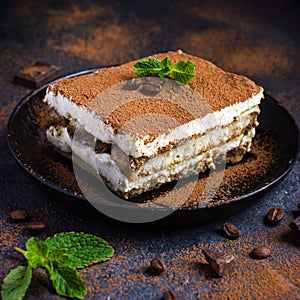 Traditional italian dessert tiramisu on blake plate